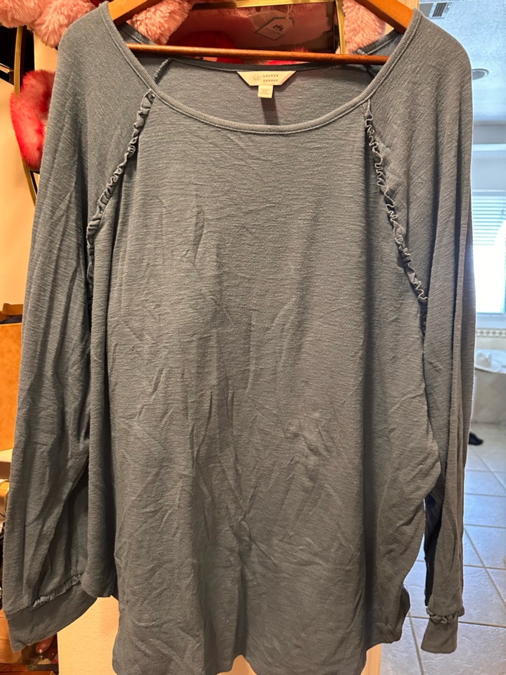 LC Lauren Conrad Dusty Blue Long-Sleeve Ruffle Raglan Top